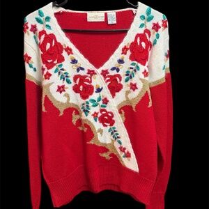 VTG Jaclyn Smith Red Pullover V-Neck Long Sleeved Sweater Embroidered Roses L